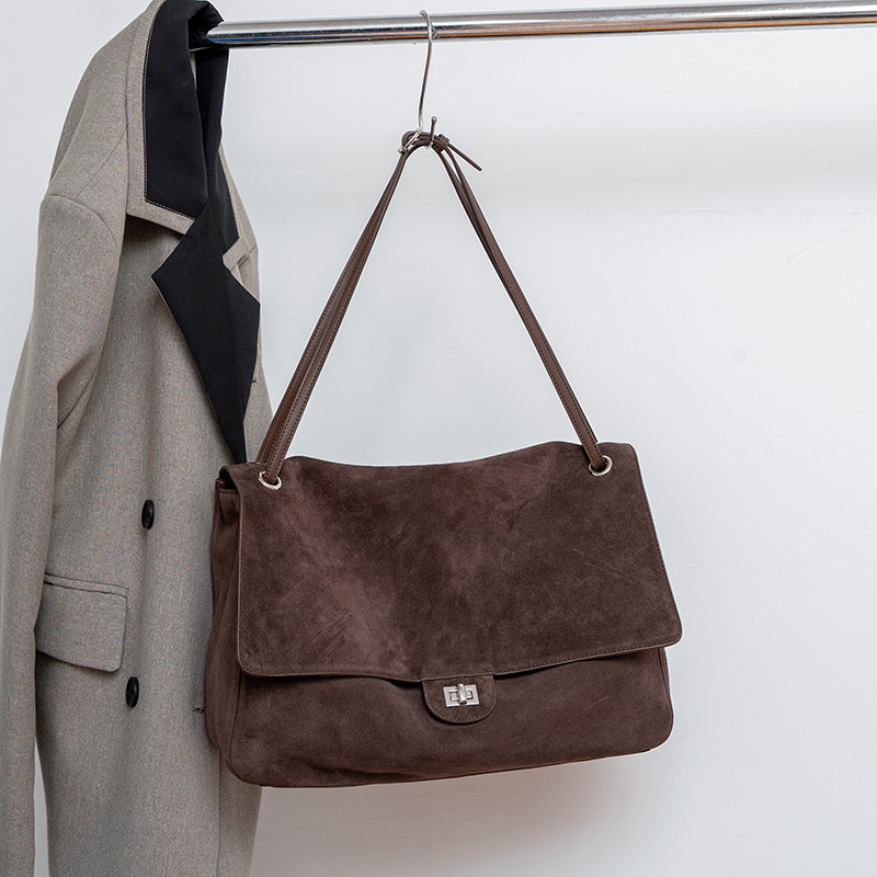 Leather Work Handbag - Genuine Suede Leather Underarm Shoulder Bag